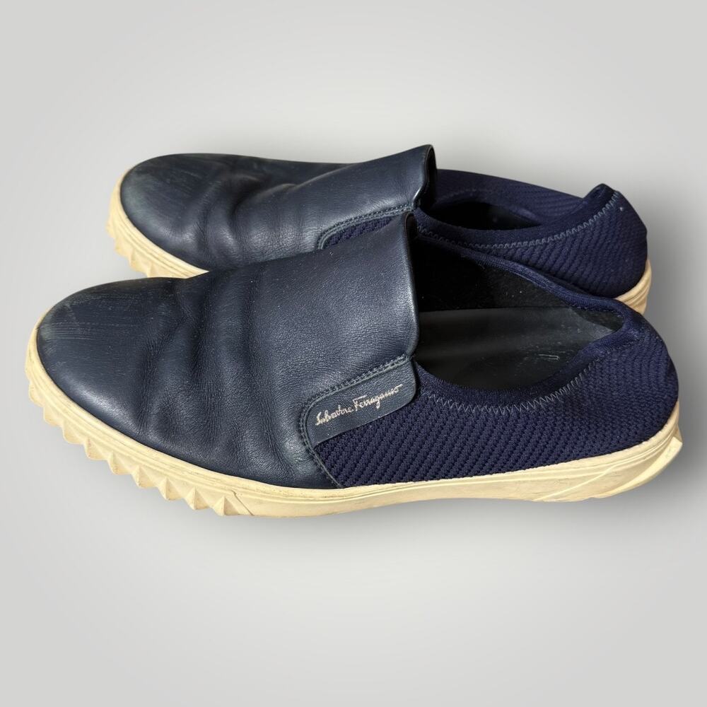 Salvatore Ferragamo Mens Blue Leather Slip On Sneakers Shoes Italy Size 8.5 M